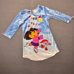 Vtg Y2K Kids Christmas Blue Dora the Explorer Long sleeve Nightgown‎ PJ Size 8